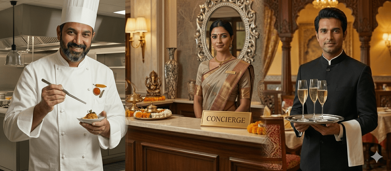 Hospitality professionals — chef, concierge, and server